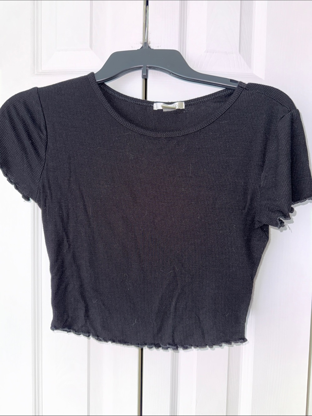 5 for $25. Black Ribbed Lettuce Hem Crop Top. Bundle to Save